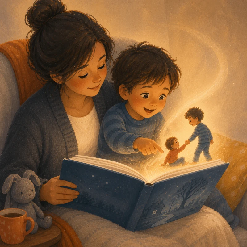 A child pointing delightedly at themselves as the hero rising from the pages of a glowing storybook