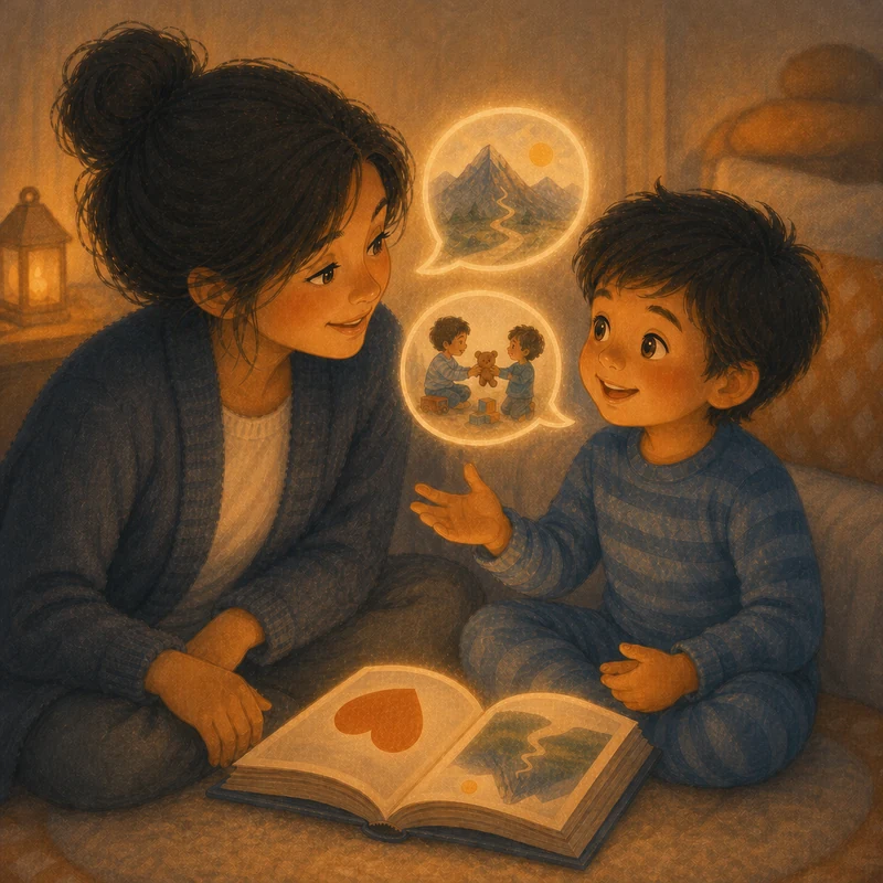 A child talking with their parent after the story, their ideas drawn as glowing speech bubbles between them
