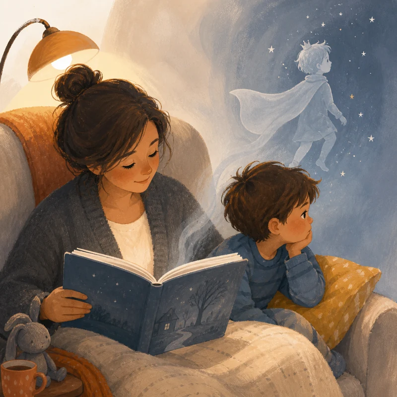 A parent reading aloud while their child gazes past the page at a caped stranger among the stars