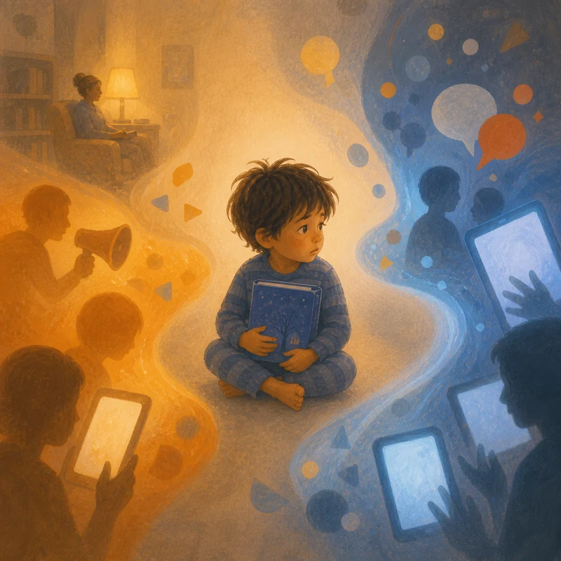 A child sitting alone with a book, surrounded by glowing screens and other voices competing to teach them